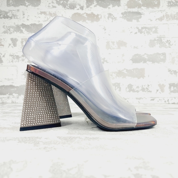 New BP Collins Gray Translucent Strap Rhinestone Triangle Heel Slide Sandal H458 - Picture 5 of 14